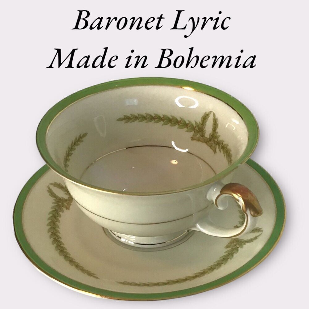 Vintage Cup & Saucer Baronet Lyric Bohemia Green Leaf  & Red Berries Gol…